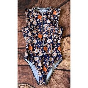 SHEIN Swim Floral Print Ruffle‎ Trim Zip Front Size Medium